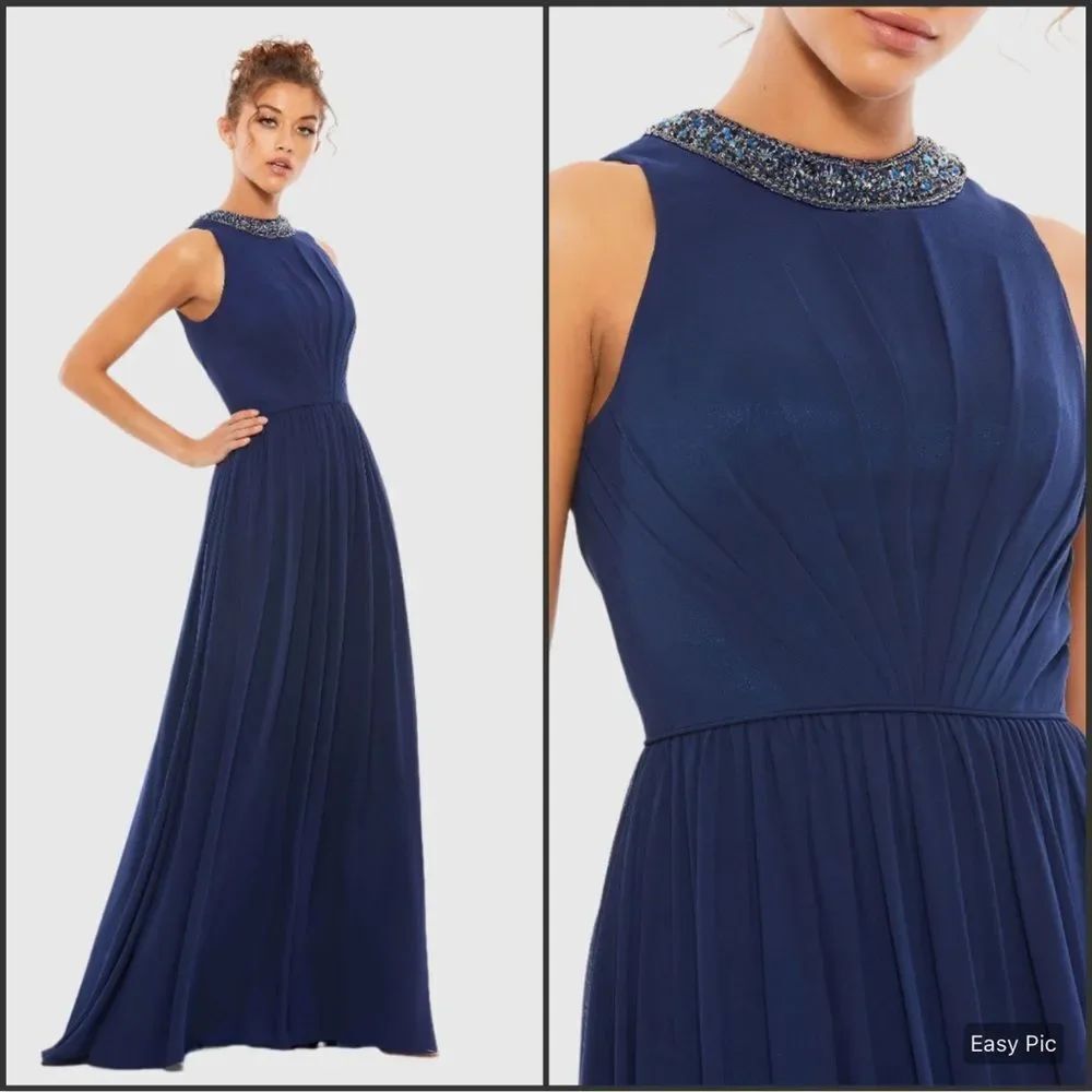 NWT Mac Duggal 55147 Navy Bejeweled Neckline Pleated Chiffon Gown MISMARKED SIZE